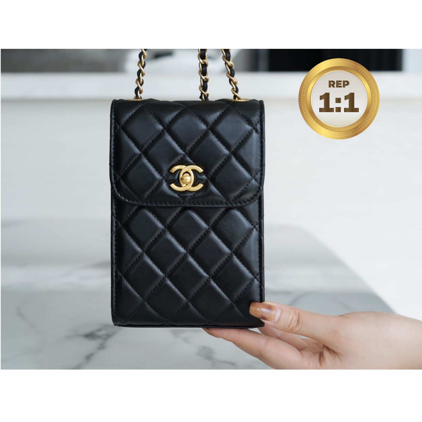 [REP 1:1] Chanel Quilted Phone Holder Bag Black For Women 17cm/6.6in